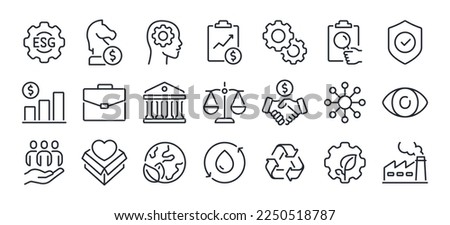 ESG concept environmental, social, and corporate governance related editable stroke outline icons set isolated on white background flat vector illustration. Pixel perfect. 64 x 64.	 Royalty-Free Stock Photo #2250518787