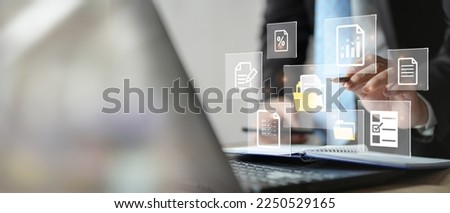 Document Management System concept. Enterprise content management, Digital asset management, Document imaging, Workflow, Records management, Online document file data software for efficient archiving. Royalty-Free Stock Photo #2250529165