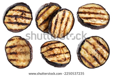 Grilled eggplants aubergine slices isolated on white background. Collection with clipping path. Royalty-Free Stock Photo #2250537235