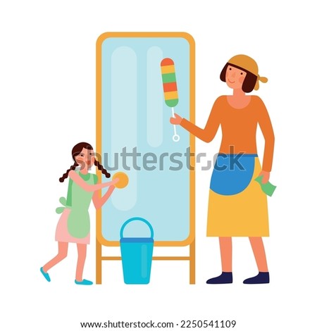 Cleaning kids helping parents composition with view of home cleanup with adult and child doodle characters vector illustration
