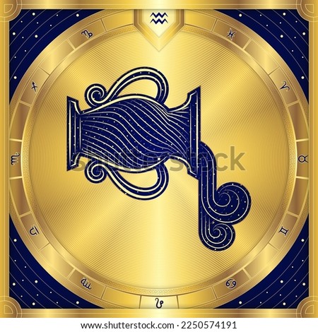 Water-Bearer Aquarius Zodiac Sign, Classic Luxury Golden Greek Meander, Stellar Star Sign, Horoscope Astrology Fortune-Telling and Future Prediction, Element Badge Icon Vector Design Illustration.