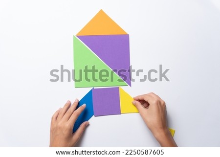Puzzle or tangram game, made with colored paper or cardboard at school or at home, for children