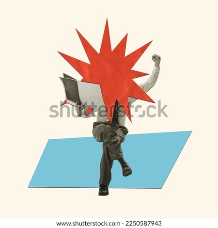 Contemporary art collage. Businessman reading newspaper with blank space instead head. Business press, news, information. Concept of vintage retro style, surrealism, imagination, ad.
