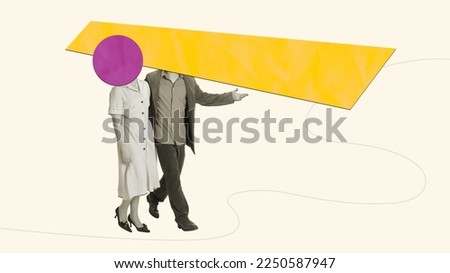 Contemporary art collage. Man and woman with speech bubble, empty space for text walking together over light background. Concept of vintage retro style, surrealism, imagination, ad.