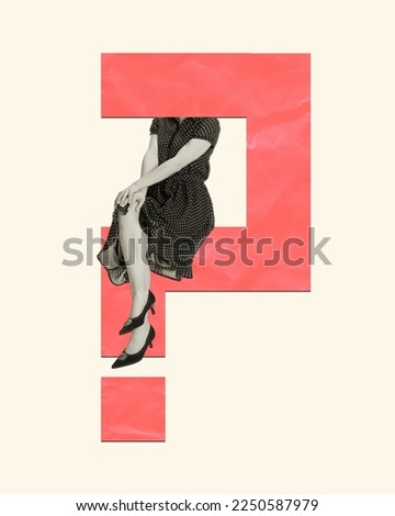 Contemporary art collage. Woman in stylish retro dress with question mark instead head over light background. Empty space for text. Concept of vintage retro style, surrealism, imagination, ad.