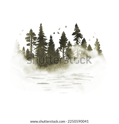 Watercolor foggy coniferous forest with river  in brown colors. Vector silhouette of trees. Nature hand drawn illustration with splashes Royalty-Free Stock Photo #2250590041