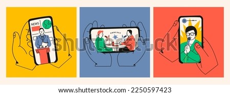 Hands holding a smartphone. People with microphone on screen. Podcast, news, watching video online, talk show, tv application, live streaming, mobile app concept. Hand drawn isolated illustrations set Royalty-Free Stock Photo #2250597423