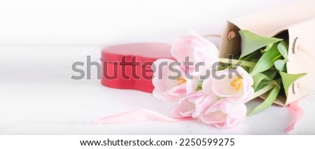 Happy Mother's Day, St Valentine's Day Card with Pink Tulip Bouquet on Pastel Background, copy space
