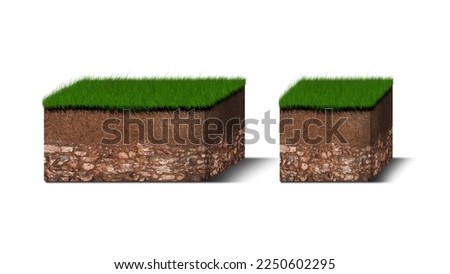 Isometric Soil Layers diagram, Cross section of green grass and underground soil layers beneath, stratum of organic, minerals, sand, clay, Isometric soil layers isolated on white Royalty-Free Stock Photo #2250602295