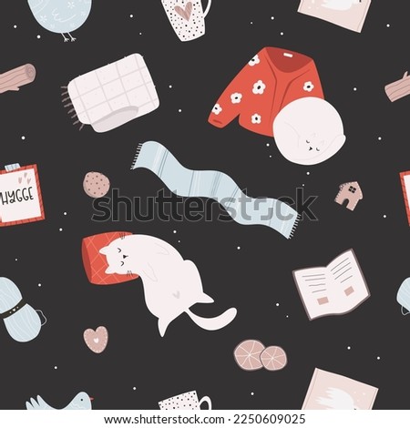 Hygge seamless pattern with cozy things - cardigan, scarf, books, blanket and cats. Design for greeting cards, gift boxes, wallpaper, wrapping paper.