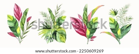 Set of Tropical bouquets with green watercolor leaves for wedding and ceremony decoration isolated on white background. Vector