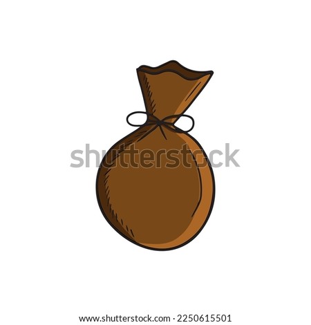 Brown tissue bag with string and bow with money coins in black isolated on white background. Hand drawn vector sketch illustration in engraved vintage outline style. Wealth, package, gift, jewellery