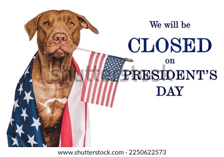 Sign that says We will be closed on President's Day. Lovable, charming puppy with the American Flag. Studio shot. Signboard layout for you store. Closeup, no people Royalty-Free Stock Photo #2250622573