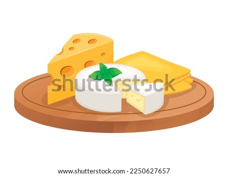 Various types of cheese on a wooden cutting board icon vector. Camembert, emmental and sliced cheese vector illustration isolated on a white background. Cheese board drawing Royalty-Free Stock Photo #2250627657