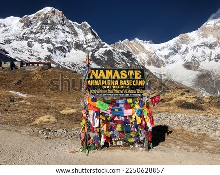 Annapurna base camp Namaste signpost which means hello, welcome to trekkers and people reaching the camp. Photo taken in winter 2022.
