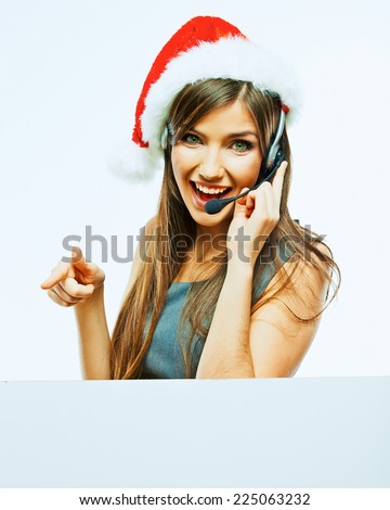 Business woman with banner, white board. Christmas Santa hat. Isolated portrait of business woman.
