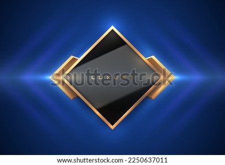 Gold edge rhomb logo frame, glossy black center. Luxury frame, golden brackets border blue background. Abstract rectangle vector glow light wave. Vibration motion light effect. Resonance fhombus