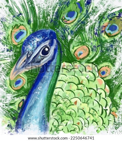 Handdrawn green and blue peacock on white background. Add an elegant, exotic touch to cards, t-shirts, brochures