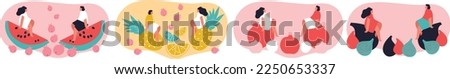 Vector illustration with young tiny woman holding huge berries and fruits. Berries lover concept. Funny colored typography poster, apparel print design, bar menu decoration. Isolated. EPS 10.