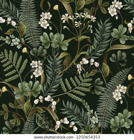 Seamless pattern with white flowers, berries, fern and leaves. Botanical illustration. Vector Royalty-Free Stock Photo #2250654353