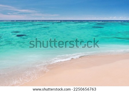 A view from a height of a Tropical beach and waves breaking on a tropical golden sandy beach. The sea waves gently wind along the beautiful sandy beach.