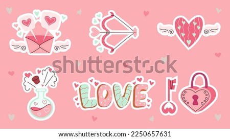 Love set. Cute stickers romantic elements. Doodle in cartoon style. Valentines day. Vector illustration for design.