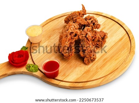 Side view chicken roll with pizza wooden board on a white background