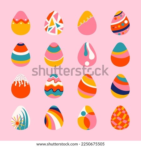 Easter eggs collection vector illustration isolated on pink. Painted colorful eggs. 16 Vibrant holiday clip art elements in bright retro style