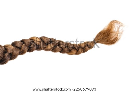 Female hair in the form of a braid on a white isolated background. Red hair braided closeup. Beautiful healthy natural female hair Royalty-Free Stock Photo #2250679093