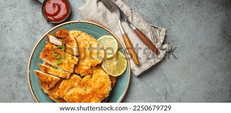 Crispy panko breaded fried chicken fillet with green salad and lemon cut on plate on gray background table with ketchup from above. Japanese style deep fried coated chicken breasts, space for text. Royalty-Free Stock Photo #2250679729