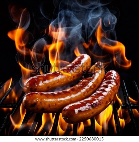 Grilled juicy sausages on a grill with fire. Shallow depth of field	 Royalty-Free Stock Photo #2250680015