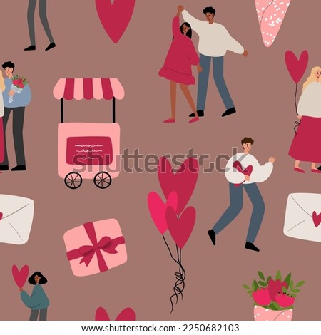 valentines day seamless pattern, heart digital paper, couple love clipart, valentines day party clip art, Vector illustration in flat cartoon style.