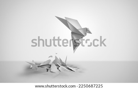 Out Of Nowhere concept of birth or rebirth as an origami bird emerging from a flat paper as a symbol of creativity and metamorphosis as a business success and an icon of change and transformation Royalty-Free Stock Photo #2250687225