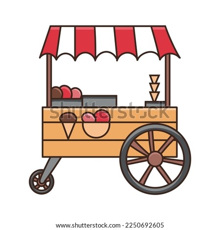 Ice cream cart colored doodle vector illustration. Isolated on white background