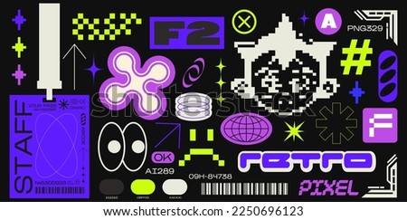 Collection of various patches, labels, tags, stickers, bracelet stamps in retro style. Stickers in funky hipster futuristic style in 90s style. Vector set, trendy promo labels Royalty-Free Stock Photo #2250696123