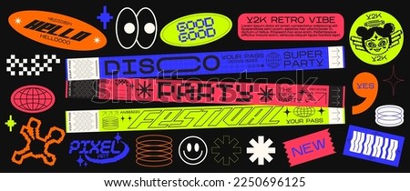 Collection of various patches, labels, tags, stickers, bracelet stamps in retro style. Stickers in funky hipster futuristic style in 90s style. Vector set, trendy promo labels Royalty-Free Stock Photo #2250696125