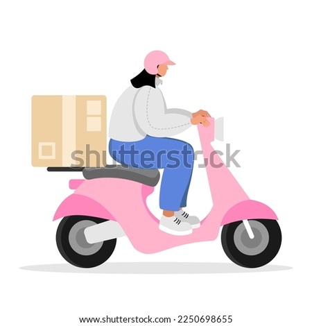 Courier girl rides a pink scooter. Girl on pink scooter isolated on white background. Vector illustration.