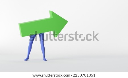 3d rendering, abstract info graphics, business metaphor, blue legs with green arrow, clip art isolated on white background. Direction concept, navigation symbol