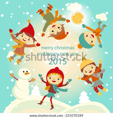Happy kids playing with snow. Can be used for retro christmas card. Vector illustration.