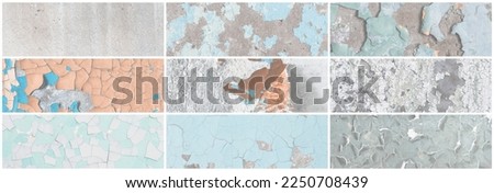 Set of panoramic background textures. Collection of wide textures with peeling paint, cracks, rust, stone and concrete walls. Faded rough surfaces of old walls. Bundle of light backgrounds for design.