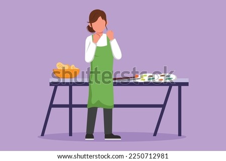 Cartoon flat style drawing female painter standing with celebrate gesture near table and painting tools, produce artwork on canvas in workshop studio. Creative work. Graphic design vector illustration