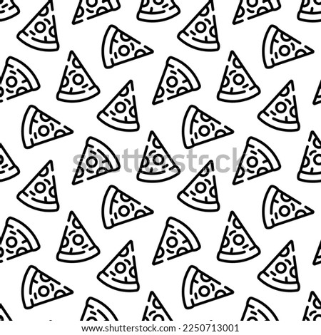 Small black contour linear pizza slices isolated on white background. Cute monochrome seamless pattern. Vector simple flat graphic illustration. Texture.