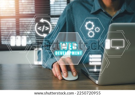 Web development coding programming internet technology business concept, Young man hand typing keyboard with web development icon on vr screen.