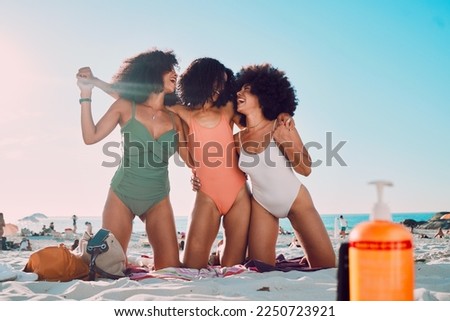 Beach friends, hug and African women happy on outdoor summer holiday for peace, freedom or friendship bonding. Ocean sand, blue sky and fun bikini girl on vacation adventure in Los Angeles California