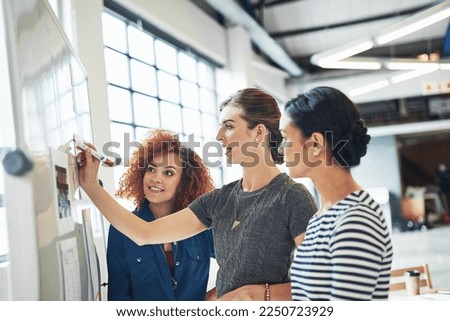 Planning, writing and collaboration with a business woman team working on a whiteboard together in the boardroom. Teamwork, planning and strategy with a female employee group at work in their office Royalty-Free Stock Photo #2250723929