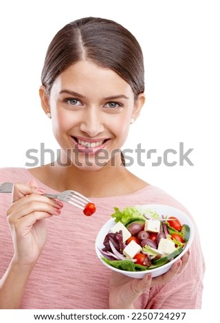 Woman, smile and salad bowl for healthy diet, meal or food for vegetarian against white studio background. Portrait of isolated female smile holding vegetables for health, nutrition or weight loss