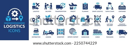 Logistics icon set. Containing distribution, shipping, transportation, delivery, cargo, freight, route planning, supply chain, export and import icons. Solid icon collection. Royalty-Free Stock Photo #2250744229