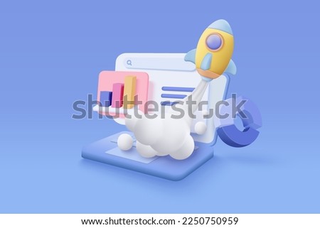 3D SEO optimization icon with rocket for marketing social media concept. 3d Interface for web data analytics strategy and research planing in laptop. 3d seo optimize vector icon render illustration Royalty-Free Stock Photo #2250750959