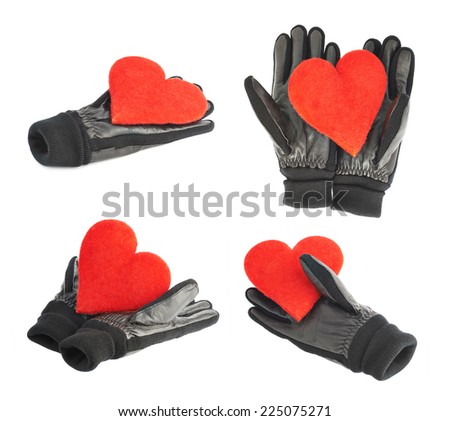 Composition of the red heart in black leather gloves, isolated over the white background, set of four foreshortenings