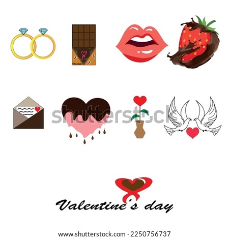 Valentine's day elements. ring, chocolate, kiss, chocolate strawberry, love letter, love, love flower, dove, valentine's day greeting. Vector illustration.
